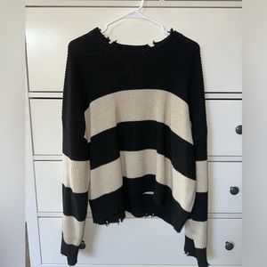 pistola Black & Cream Striped Distressed Crew Sweater
